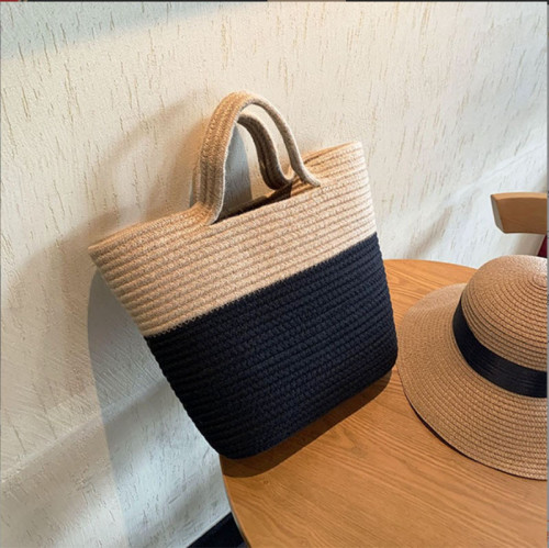 Summer Color-blocked Cotton Rope Braided Handbag Tote Bag
