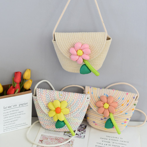 Cotton Rope Braided Flip Cover Obliquely Bag Sunflower Pattern