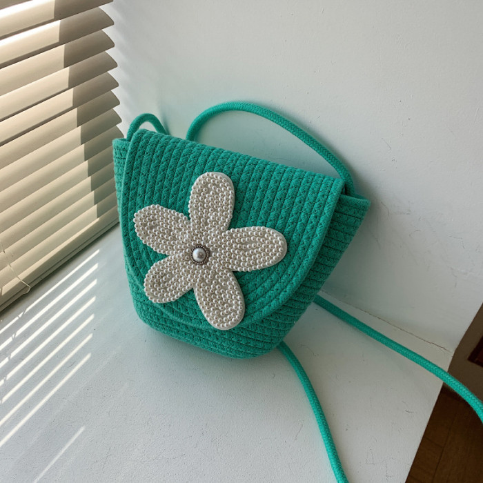 Cotton Rope Braided Flip Cover Obliquely Bag Pearl Flower Decoration