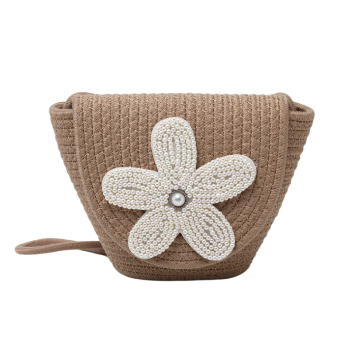 Cotton Rope Braided Flip Cover Obliquely Bag Pearl Flower Decoration