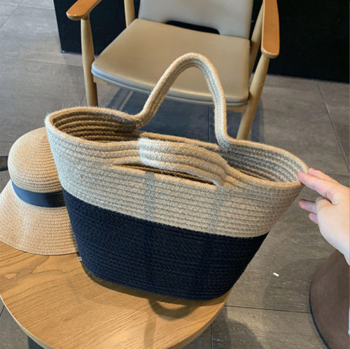 Summer Color-blocked Cotton Rope Braided Handbag Tote Bag
