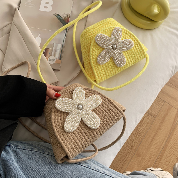Cotton Rope Braided Flip Cover Obliquely Bag Pearl Flower Decoration