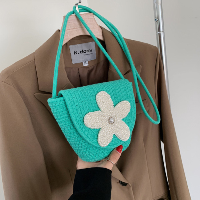 Cotton Rope Braided Flip Cover Obliquely Bag Pearl Flower Decoration