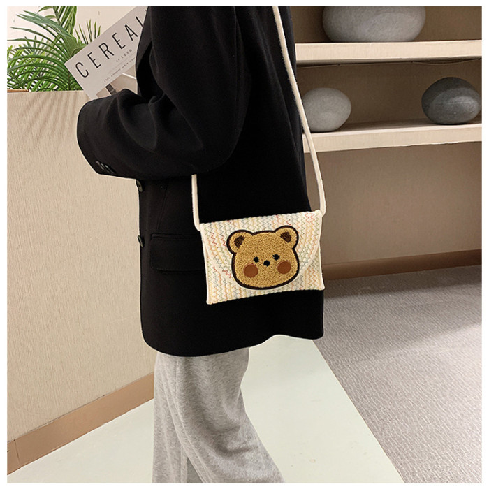 Cotton Rope Woven Envelope Bag Obliquely Cross Daily Travel Bag Bear Pattern