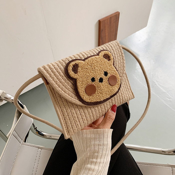 Cotton Rope Woven Envelope Bag Obliquely Cross Daily Travel Bag Bear Pattern