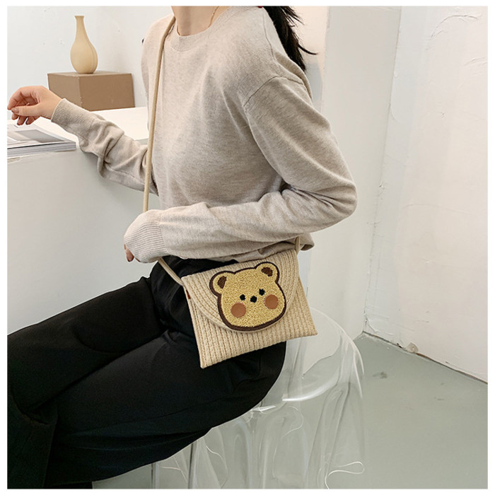 Cotton Rope Woven Envelope Bag Obliquely Cross Daily Travel Bag Bear Pattern