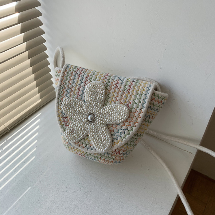 Cotton Rope Braided Flip Cover Obliquely Bag Pearl Flower Decoration