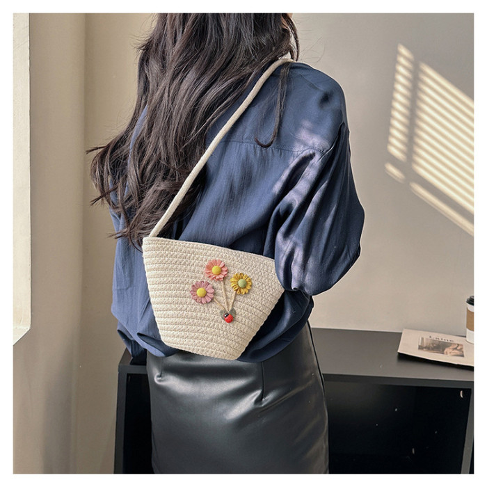 Mini Bucket Bag with Flower Decor One-shoulder Crossbody Bag Cotton Rope Braided Beach Vacation Women's Bag