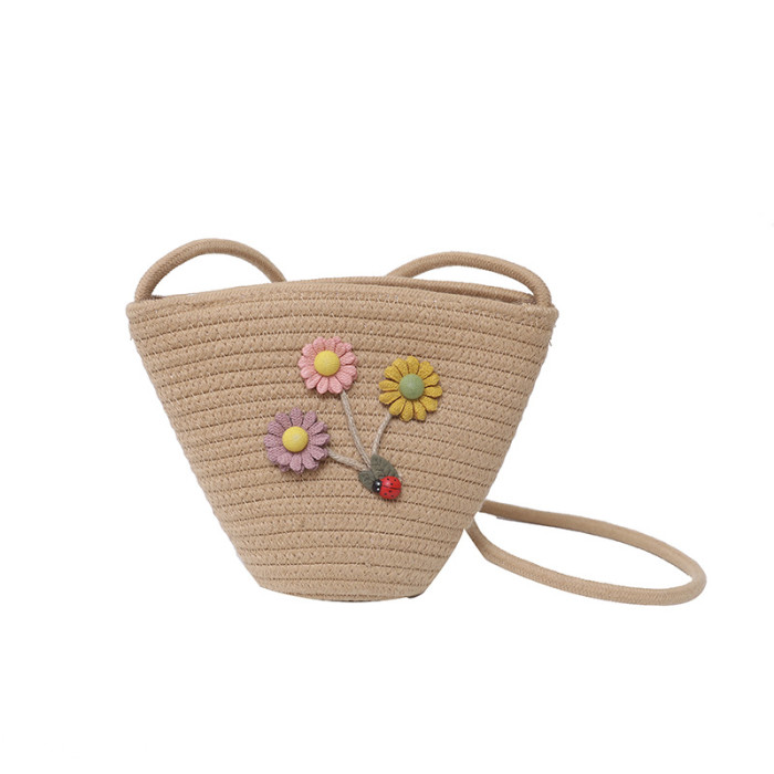 Mini Bucket Bag with Flower Decor One-shoulder Crossbody Bag Cotton Rope Braided Beach Vacation Women's Bag
