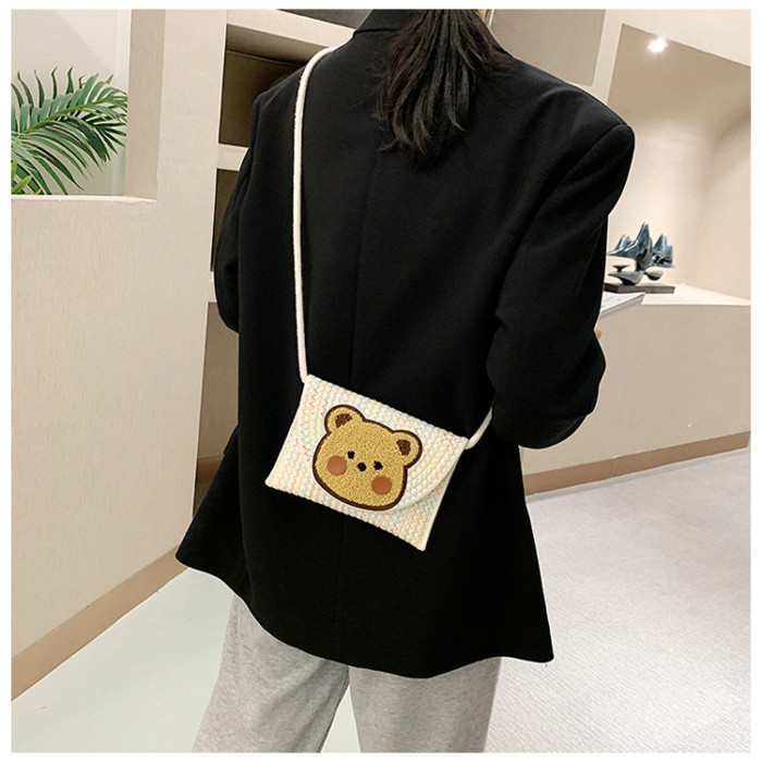 Cotton Rope Woven Envelope Bag Obliquely Cross Daily Travel Bag Bear Pattern