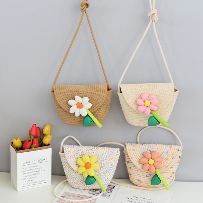 Cotton Rope Braided Flip Cover Obliquely Bag Sunflower Pattern