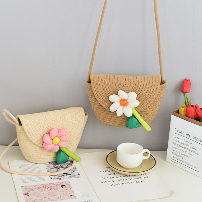 Cotton Rope Braided Flip Cover Obliquely Bag Sunflower Pattern