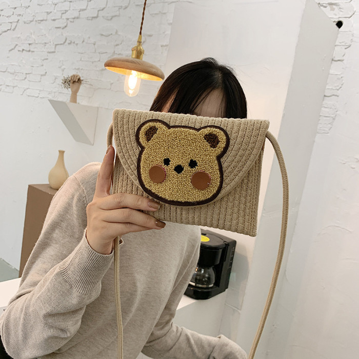 Cotton Rope Woven Envelope Bag Obliquely Cross Daily Travel Bag Bear Pattern