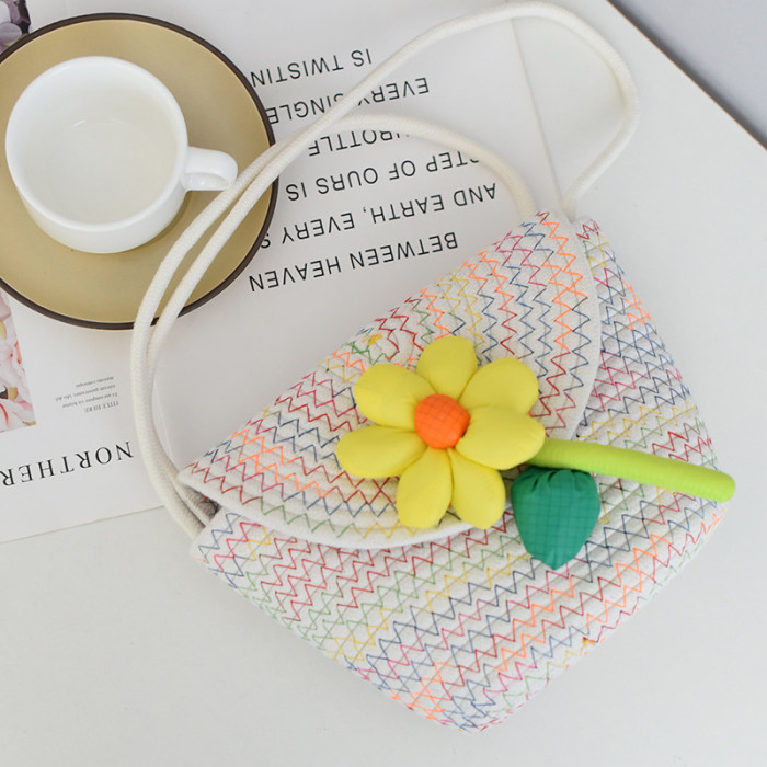 Cotton Rope Braided Flip Cover Obliquely Bag Sunflower Pattern