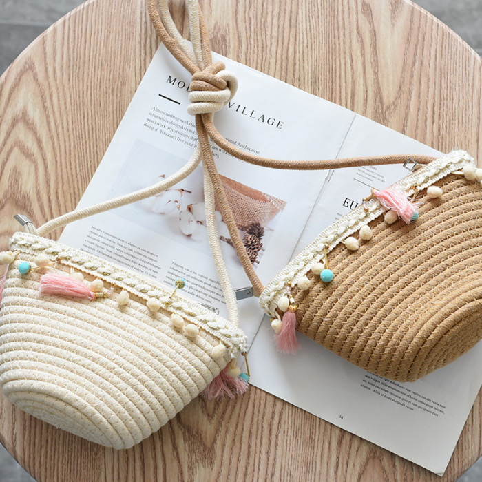 Cotton Rope Braided Crossbody Bag with Zippered Women's Bag