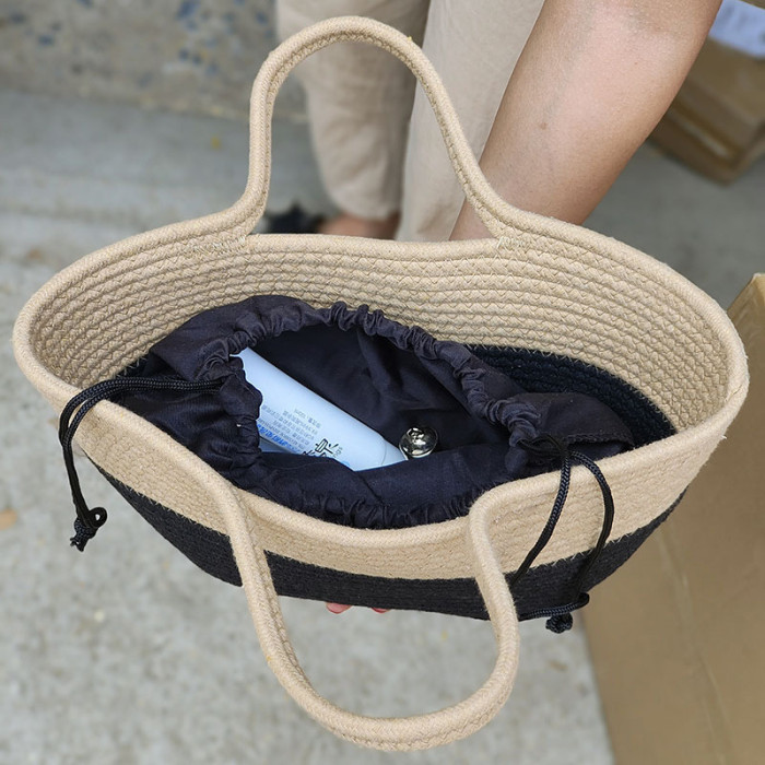 Summer Color-blocked Cotton Rope Braided Handbag Tote Bag