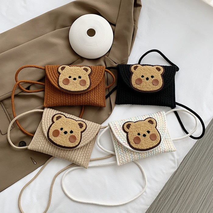 Cotton Rope Woven Envelope Bag Obliquely Cross Daily Travel Bag Bear Pattern