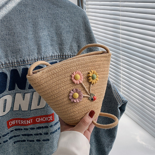 Mini Bucket Bag with Flower Decor One-shoulder Crossbody Bag Cotton Rope Braided Beach Vacation Women's Bag