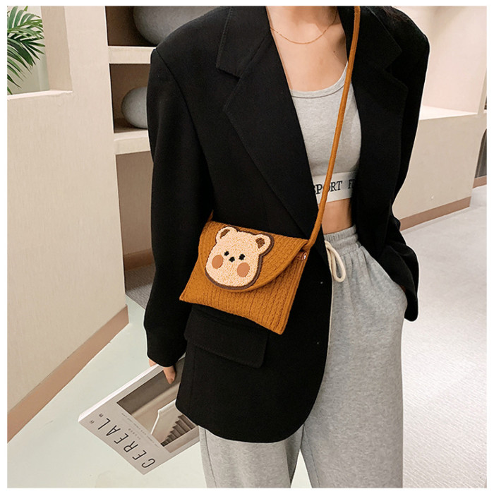 Cotton Rope Woven Envelope Bag Obliquely Cross Daily Travel Bag Bear Pattern