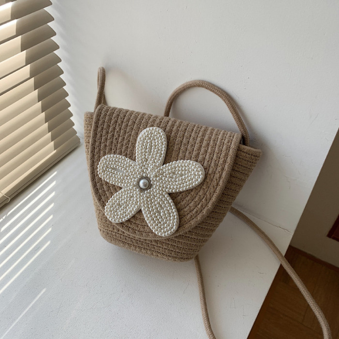 Cotton Rope Braided Flip Cover Obliquely Bag Pearl Flower Decoration