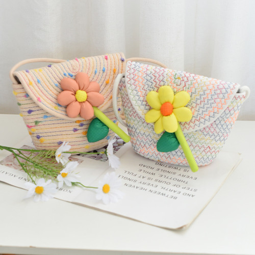 Cotton Rope Braided Flip Cover Obliquely Bag Sunflower Pattern