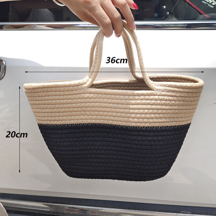 Summer Color-blocked Cotton Rope Braided Handbag Tote Bag