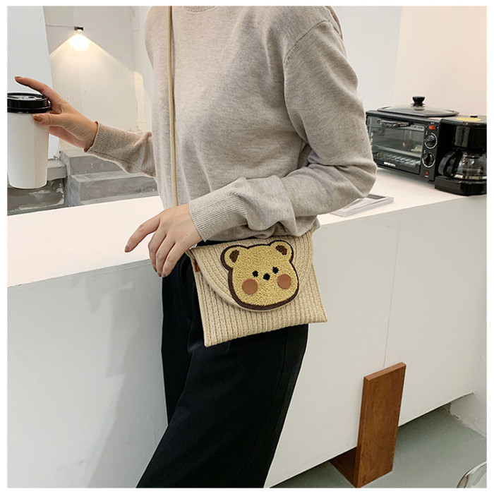 Cotton Rope Woven Envelope Bag Obliquely Cross Daily Travel Bag Bear Pattern