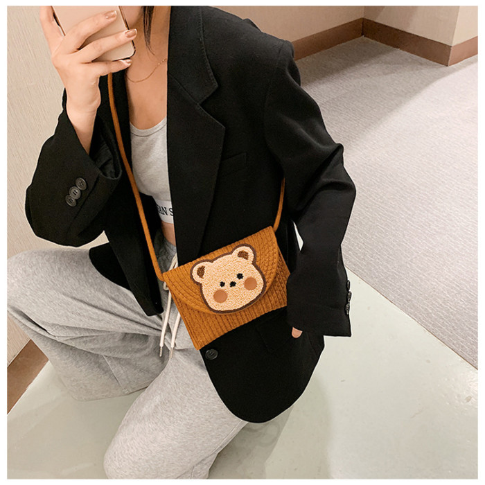 Cotton Rope Woven Envelope Bag Obliquely Cross Daily Travel Bag Bear Pattern