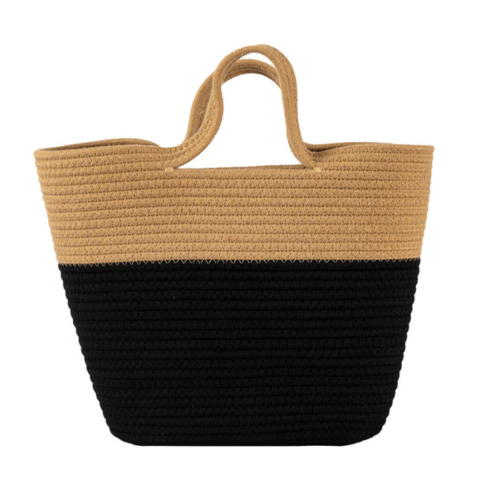 Summer Color-blocked Cotton Rope Braided Handbag Tote Bag