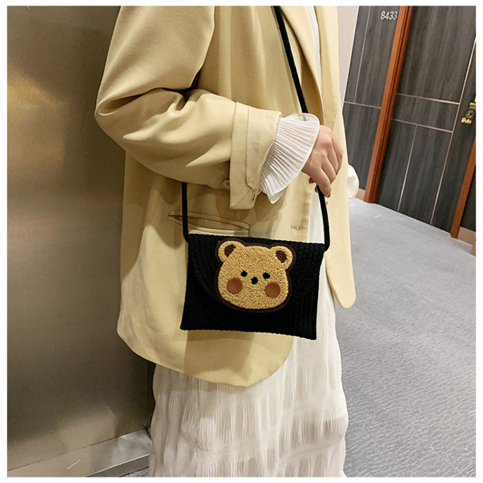 Cotton Rope Woven Envelope Bag Obliquely Cross Daily Travel Bag Bear Pattern