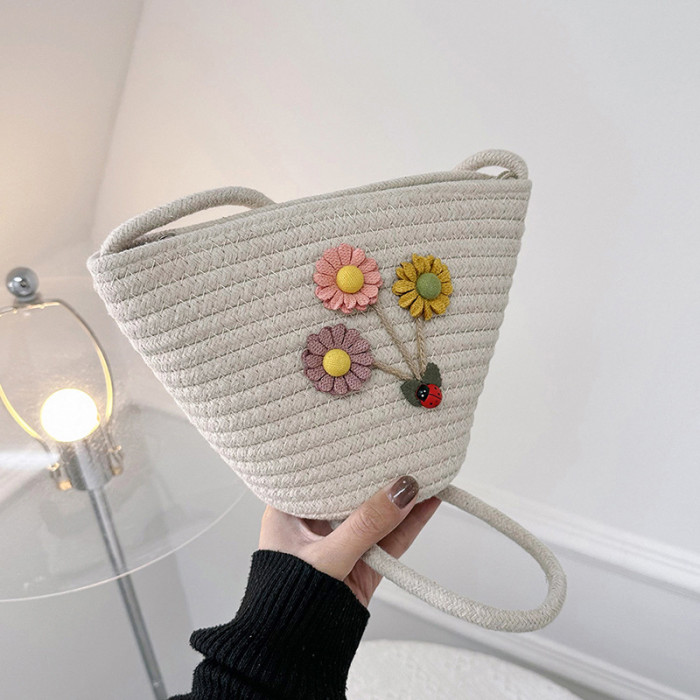 Mini Bucket Bag with Flower Decor One-shoulder Crossbody Bag Cotton Rope Braided Beach Vacation Women's Bag
