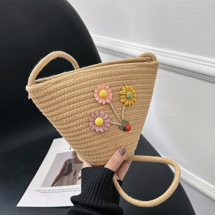 Mini Bucket Bag with Flower Decor One-shoulder Crossbody Bag Cotton Rope Braided Beach Vacation Women's Bag