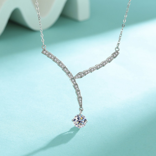 S925 Sterling Silver Moissanite V-Shaped Necklace for Women, Versatile, High-End, INS Style, Snake Pendant, Clavicle Chain, Simple Design.