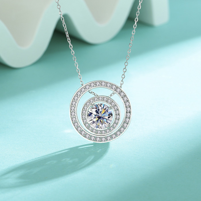 S925 Sterling Silver Necklace for Women, Double Circle Round Moissanite Clavicle Chain, Fashionable Valentine's Day Gift