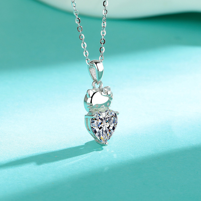 S925 Sterling Silver Heart Moissanite Rhinestone Cat Necklace for Women, Fashionable Irregular Shaped Diamond, Versatile Elegant Clavicle Chain