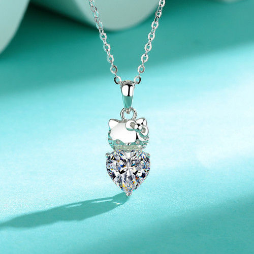 S925 Sterling Silver Heart Moissanite Rhinestone Cat Necklace for Women, Fashionable Irregular Shaped Diamond, Versatile Elegant Clavicle Chain