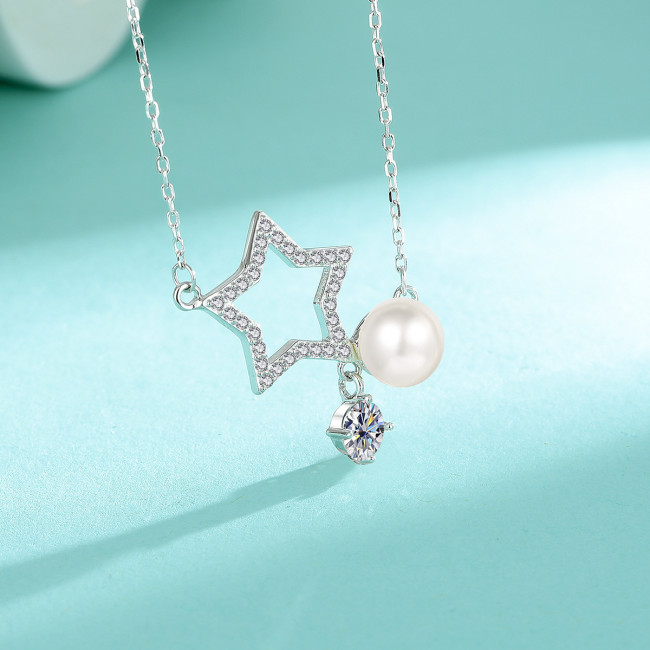 S925 Sterling Silver Star Pearl Necklace: Simple, Versatile, and Elegant Clavicle Chain with Moissanite Necklace