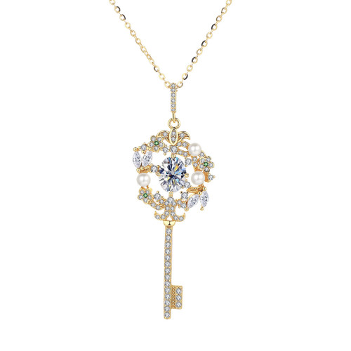 S925 Sterling Silver Luxury Key Pendant with Moissanite, Pearl, and Zircon Clavicle Chain