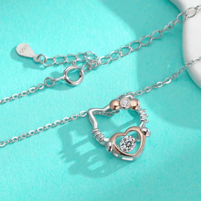 S925 Sterling Silver Moissanite Kitty Cat Pendant, Delicate Heart-Shaped Clavicle Chain, Unique Design, Versatile Necklace