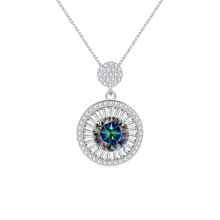 S925 sterling silver 2-carat moissanite necklace, round design, clavicle box chain pendant, versatile.