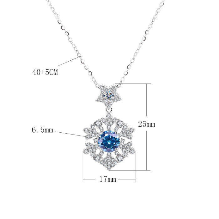 New S925 Sterling Silver Colored Moissanite Snowflake Pendant, High-End Design Clavicle Chain