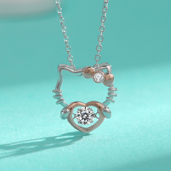 S925 Sterling Silver Moissanite Kitty Cat Pendant, Delicate Heart-Shaped Clavicle Chain, Unique Design, Versatile Necklace