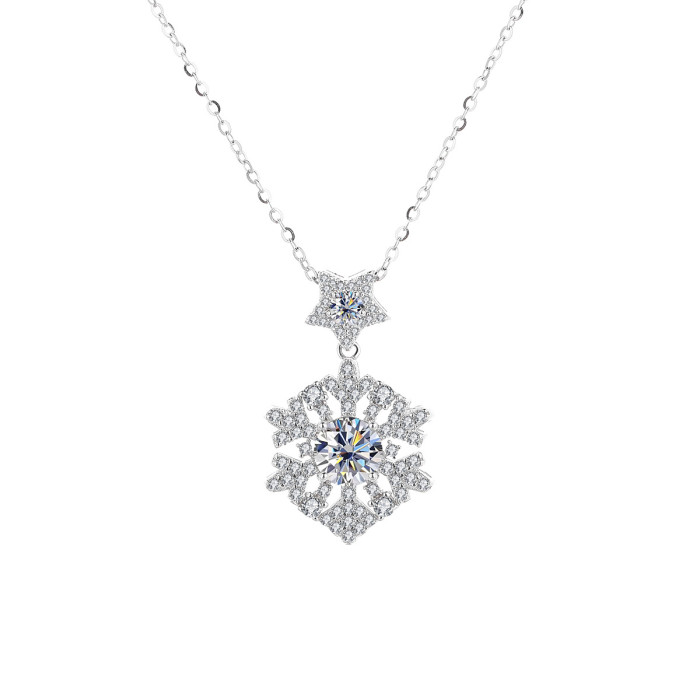 New S925 Sterling Silver Colored Moissanite Snowflake Pendant, High-End Design Clavicle Chain