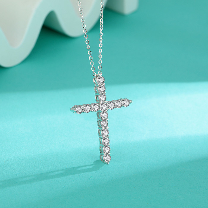 New S925 Sterling Silver Cross Moissanite Full Diamond Pendant Necklace - Stylish and Versatile