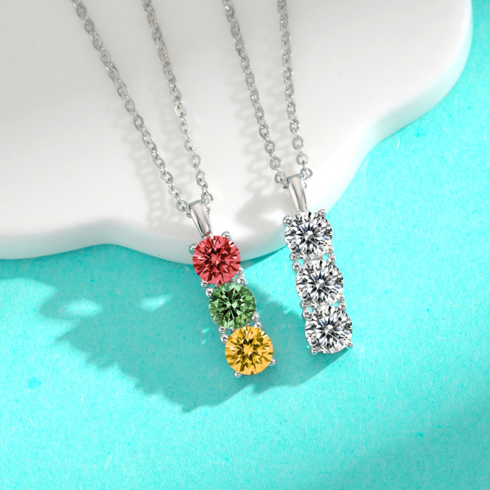 S925 Sterling Silver Colored Moissanite Necklace, Affordable Luxury, Niche Design, Traffic Light Style Clavicle Chain
