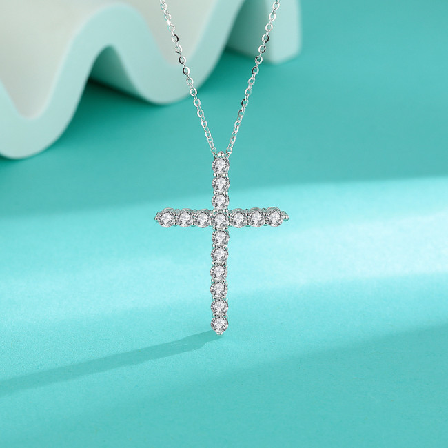 New S925 Sterling Silver Cross Moissanite Full Diamond Pendant Necklace - Stylish and Versatile