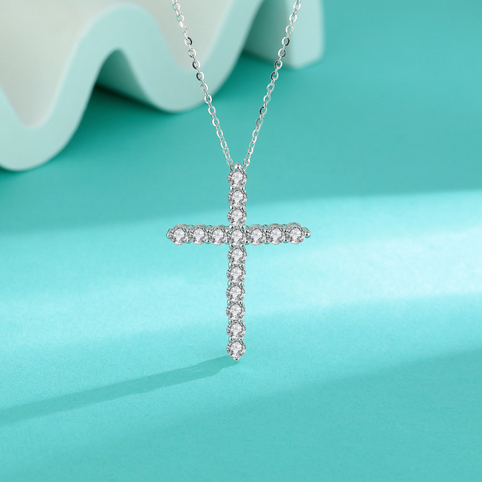 New S925 Sterling Silver Cross Moissanite Full Diamond Pendant Necklace - Stylish and Versatile