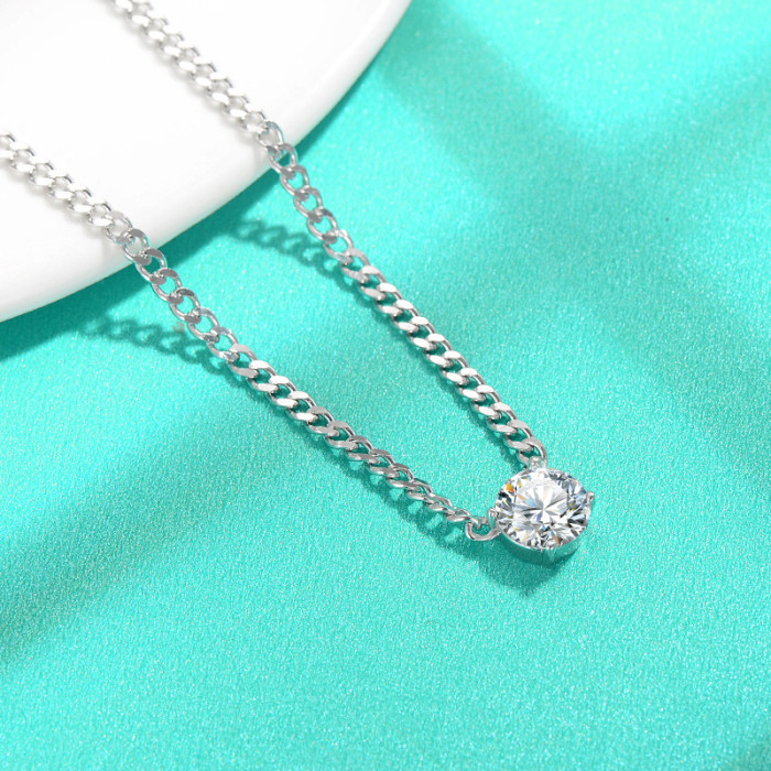 S925 Sterling Silver Lamosanite Diamond Cuban Chain Necklace for Women - Simple Four-Prong Clavicle Chain