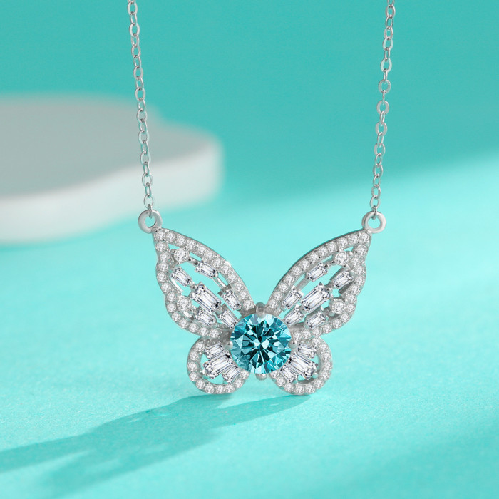 High-grade sterling silver S925 butterfly full diamond clavicle necklace, niche design,  moissanite diamond necklace