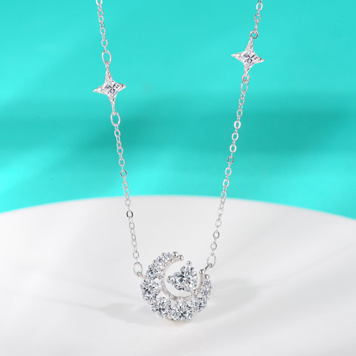 S925 Sterling Silver Moissanite Heart-Shaped Diamond Necklace with Full Diamond Design - A Luxury, Niche Style Necklace with Moon and Galaxy Pendant